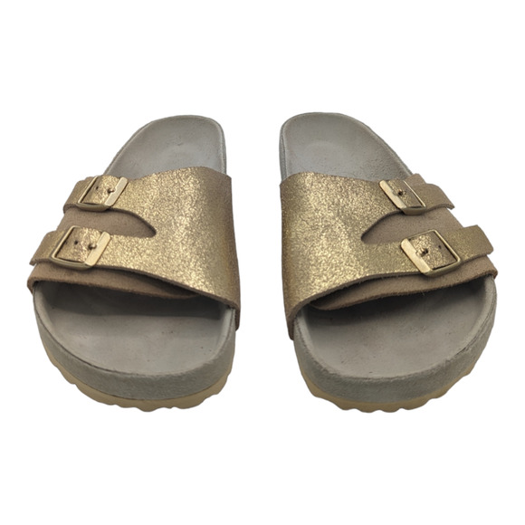 Birkenstock Vaduz Slide Sandal Gold Tone Leather Tan Suede Buckle 41 - Picture 2 of 10